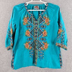 Johnny Was 100% Linen Top Womens Medium Blue Sentrie Embroidered Split V Neck